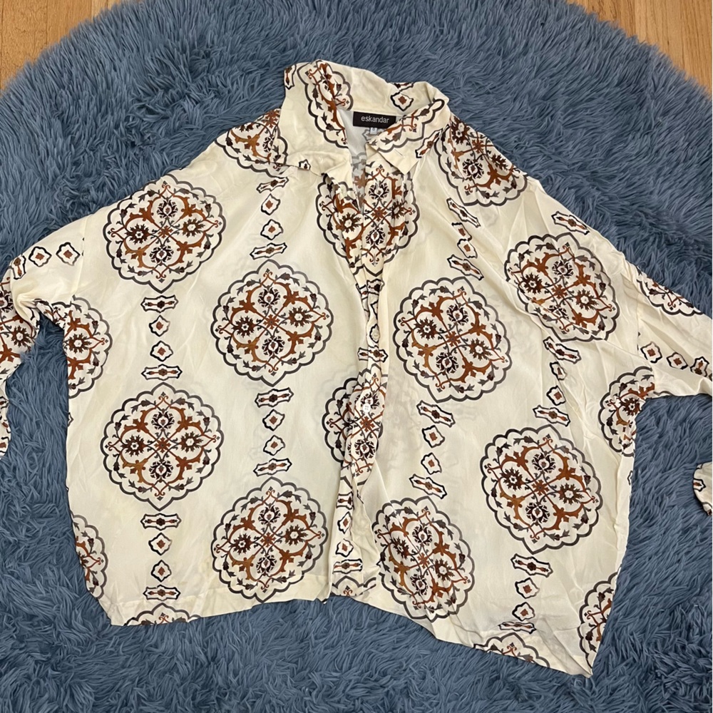 Eskandar Ivory Silk Art-to-Wear Medallion Print Button Down Blouse.  stains